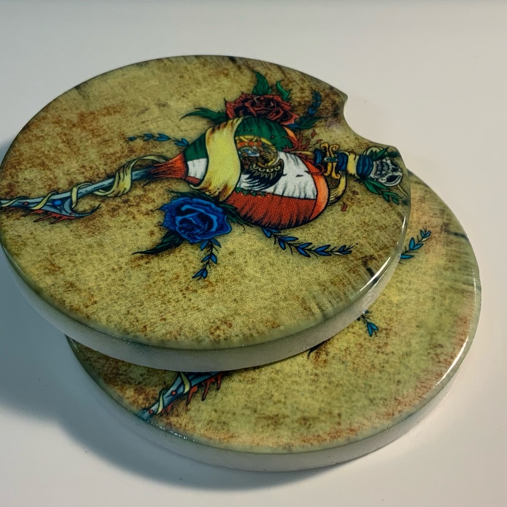 Set of 2 Ceramic car coasters with Mexico flag heart .